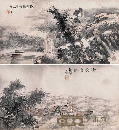 苏腾蛟　 山水人物（二件） 镜心 31×57cm×2